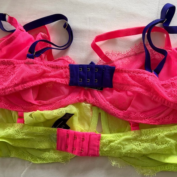 Preowned Victoria’s Secret Lace Underwire Unlined Bra Set Neon Pink Lime Sz 36D - Picture 2 of 6